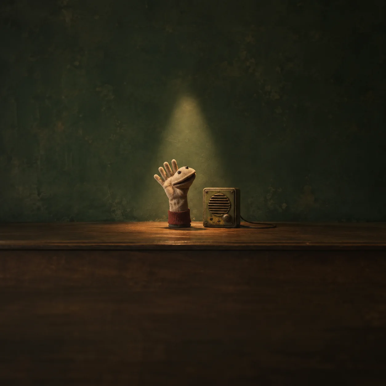 Painterly small raised hand figure beside a vintage intercom under a spotlight.