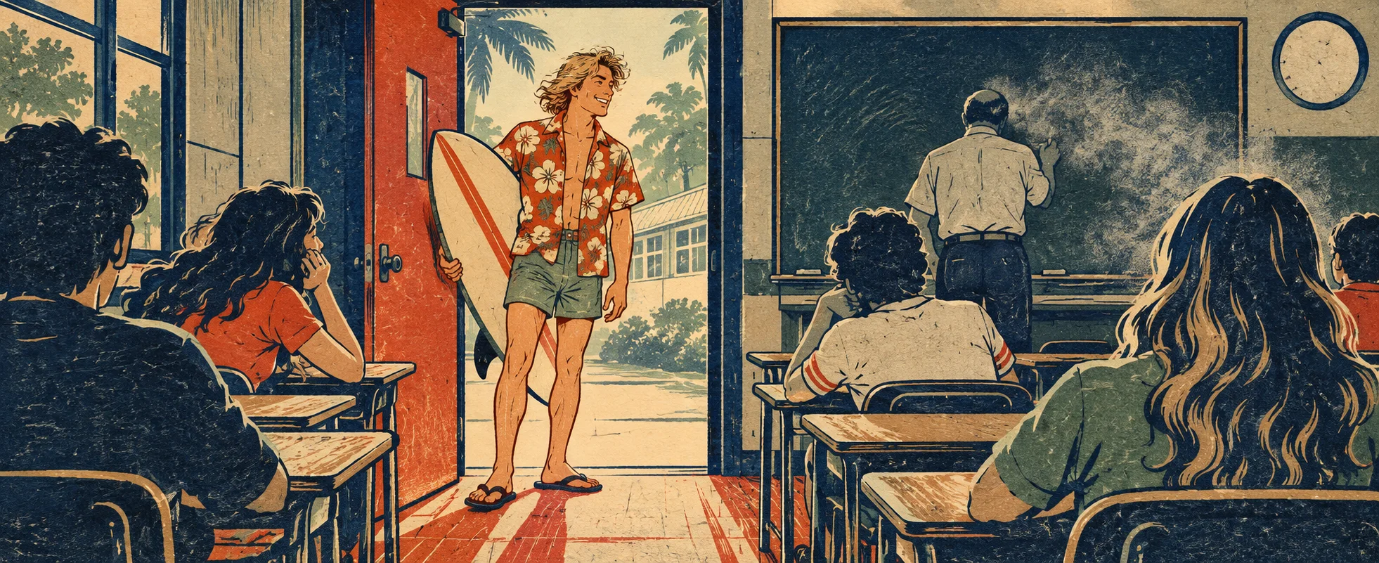 A surfer in a Hawaiian shirt stands in a classroom doorway with his board as a teacher writes on the blackboard.