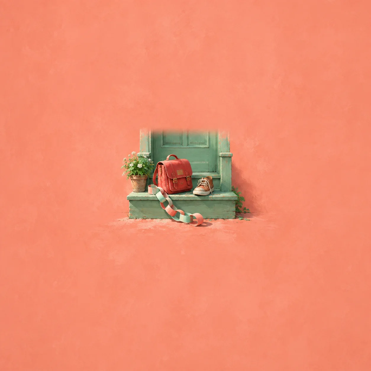A red school satchel, a shoe and a paper chain rest on a green doorstep beside a flowering plant.