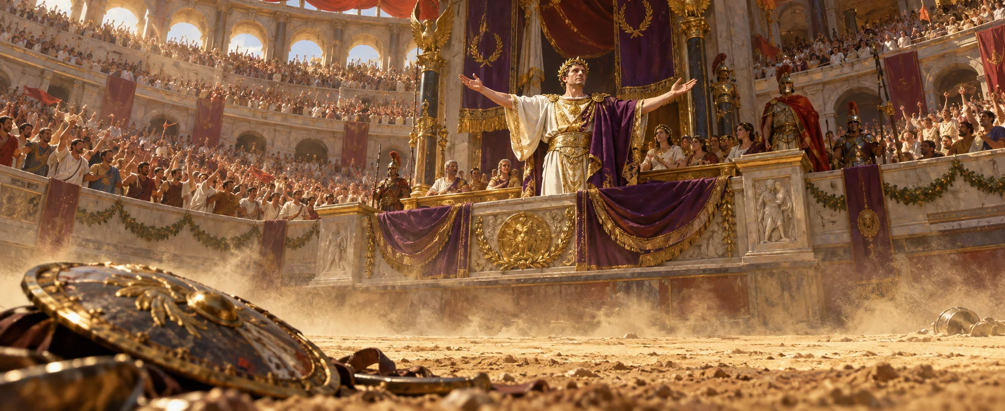 A young emperor in white and purple spreads his arms from his box above a roaring arena.