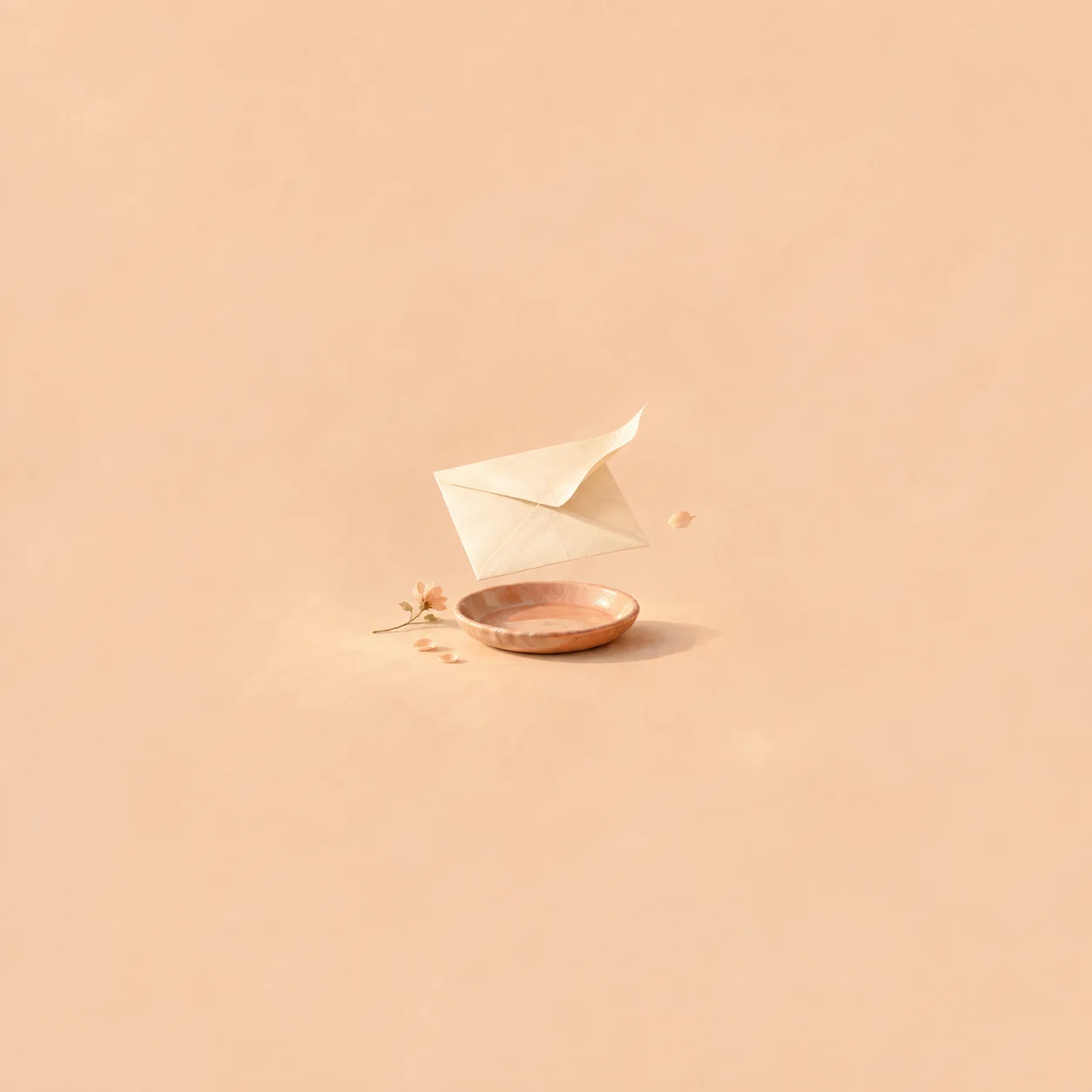 A pale envelope floats above a small peach dish and scattered petals against a warm peach background.