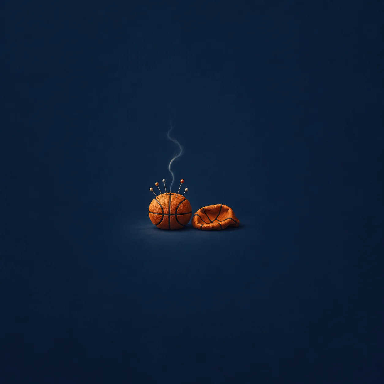Pins protrude from an orange basketball-shaped pincushion beside a flattened ball, with smoke curling upward.