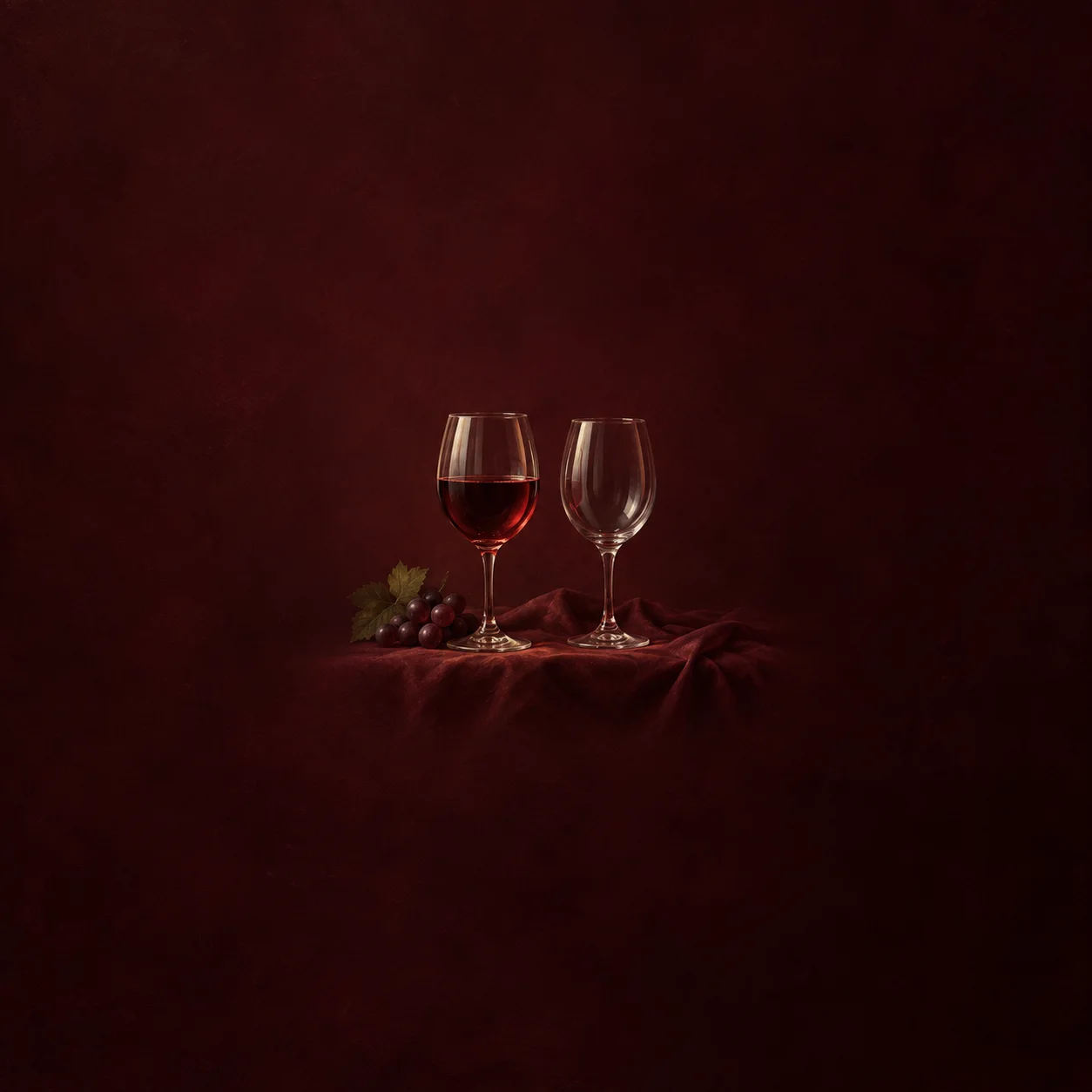 Painterly two wine glasses, one partly filled and one empty, beside dark grapes on burgundy cloth.