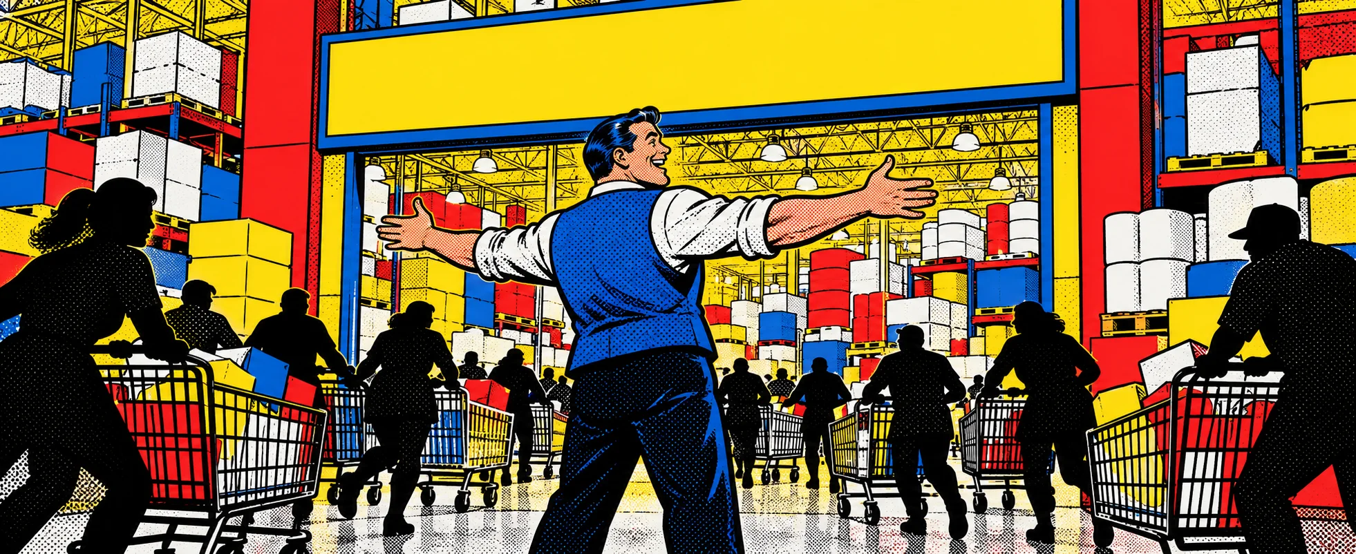 A beaming greeter in a blue vest flings his arms wide at the entrance of a vast warehouse store as shoppers push carts past.