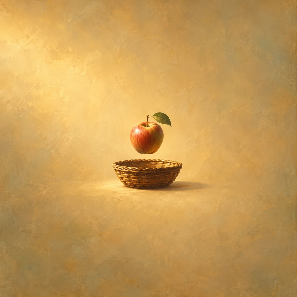 A red-and-gold apple with a green leaf floats above an empty wicker basket against a warm yellow background.