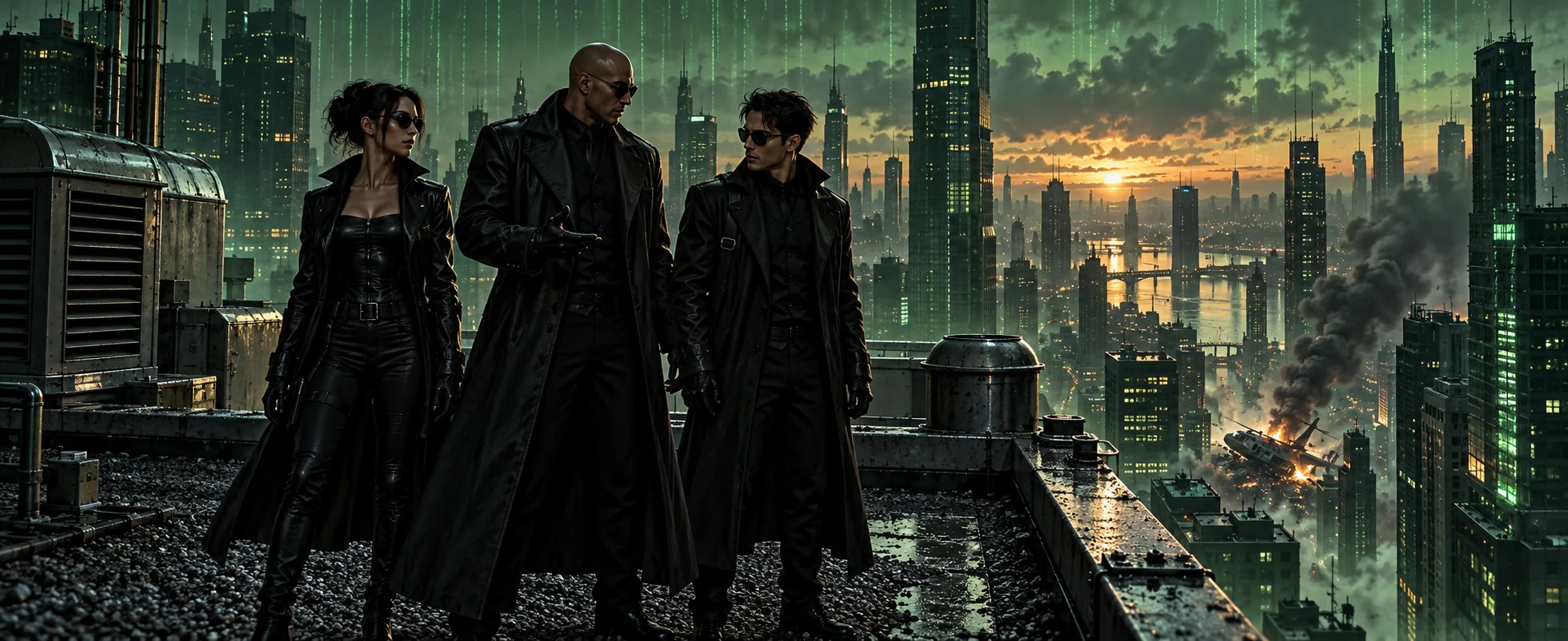 Three figures in long black coats stand on a skyscraper roof at dusk as smoke rises from a crashed helicopter below, green code tinting the sky.