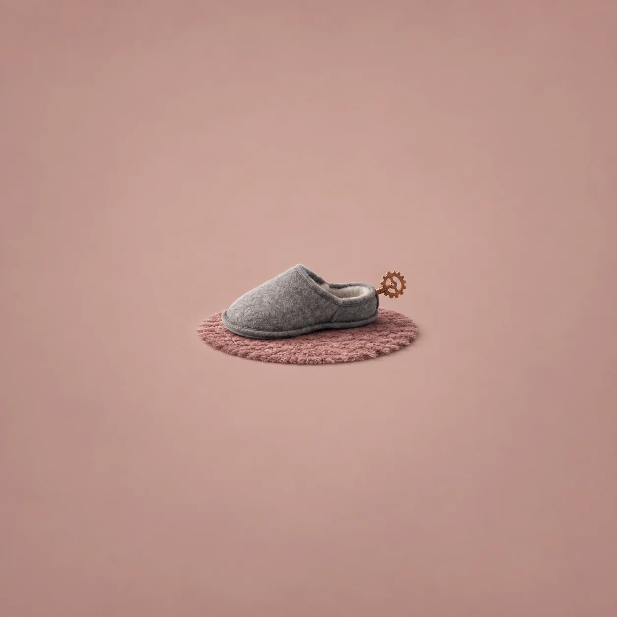 A grey felt slipper with a copper-coloured winding key at its heel rests on a round pink rug.