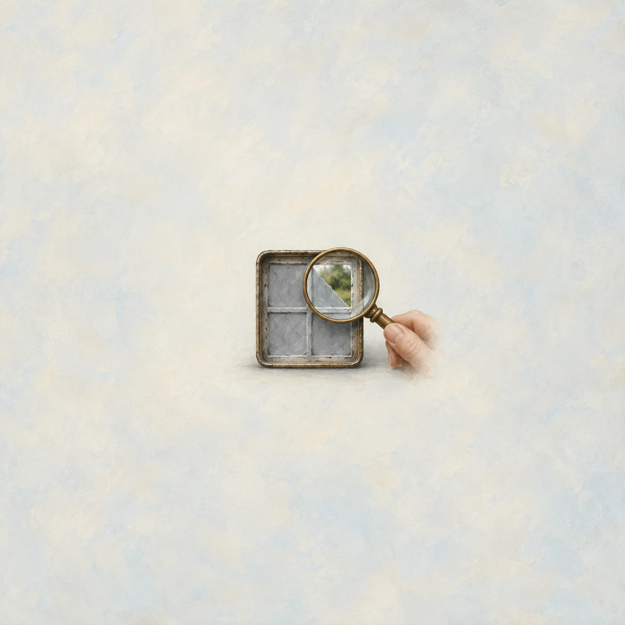 A hand holding a brass magnifying glass over a small gray panel, revealing green detail in one corner.