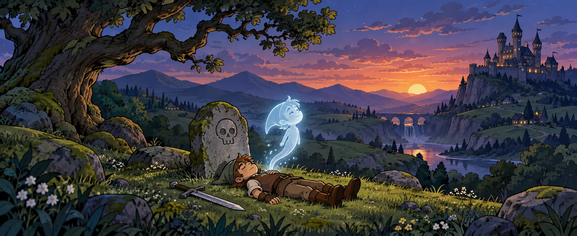 An adventurer lies sprawled beside a gravestone as his ghost rises in a countryside at dusk.