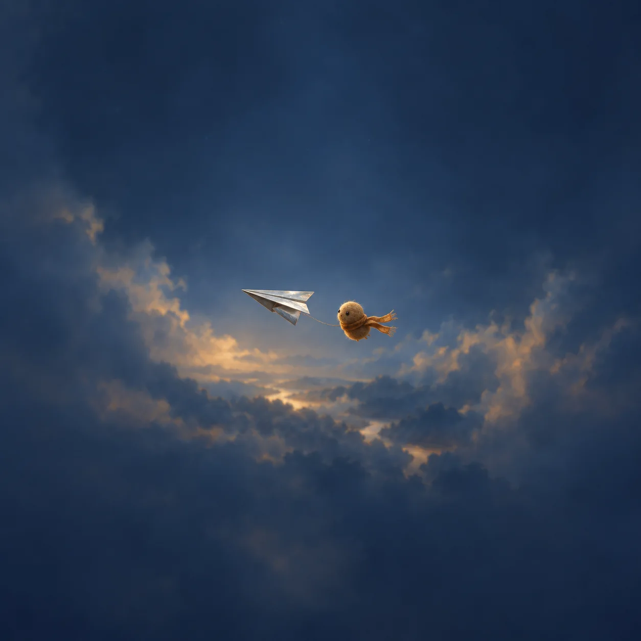 A silver paper plane and a small brown bird-like felt shape against a cloudy blue sky.
