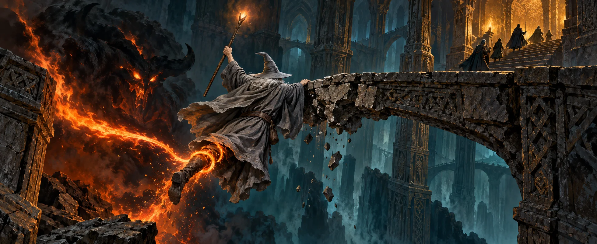 A grey wizard hangs from the broken edge of a stone bridge over a chasm as a fiery whip from a demon below coils around his leg.