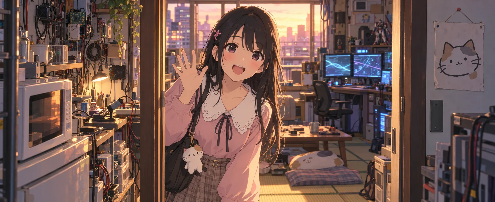 Anime-style illustration of a cheerful girl with long black hair and a white collar waving hello from the doorway of a cluttered gadget lab full of monitors and a microwave.