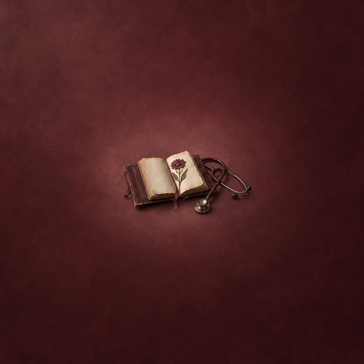 Painterly open leather notebook with a pressed flower beside a stethoscope.