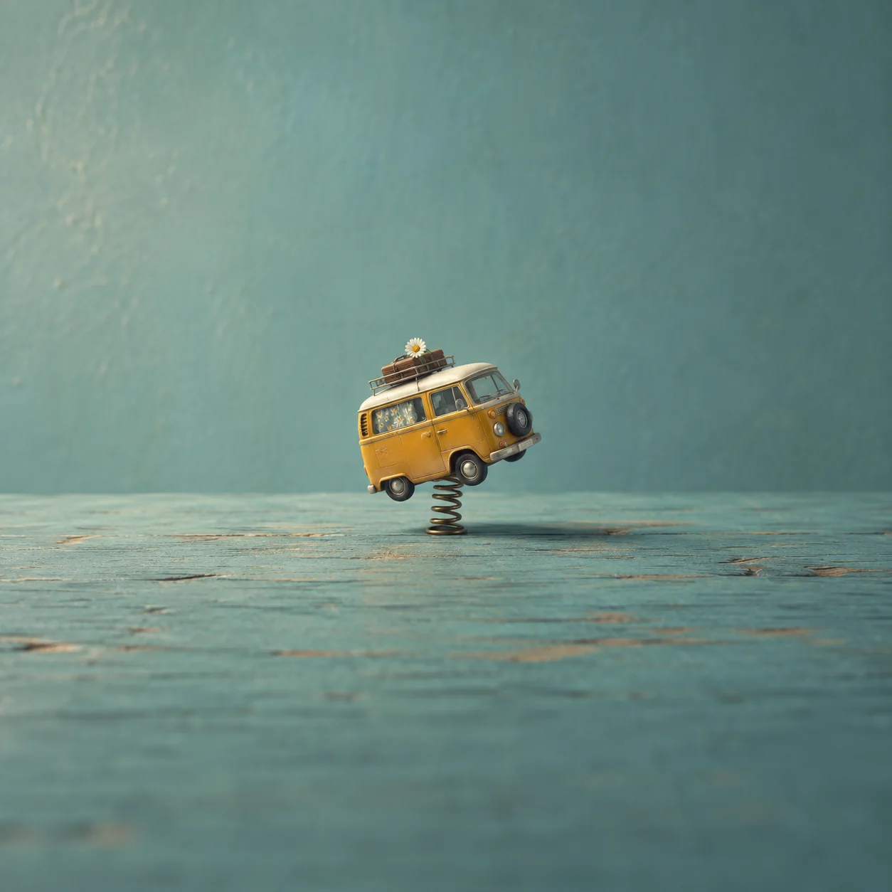 A yellow toy camper van tilts on a metal coil spring above a worn teal surface.