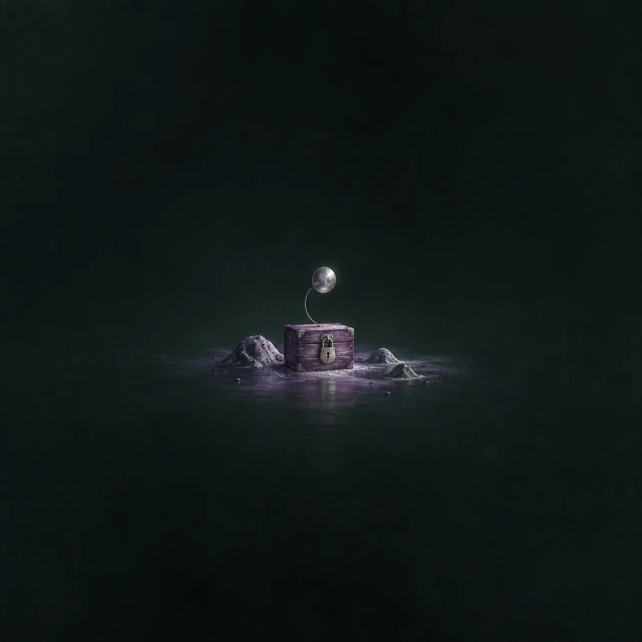 A small purple padlocked box with a silver disc suspended above it on a dark green background.