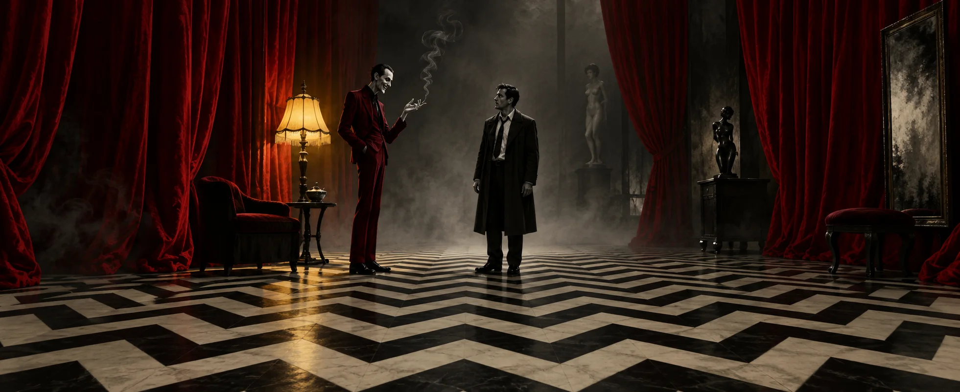 Two men in suits face each other on a black-and-white zigzag floor in a smoky room of red velvet curtains, lit by a single lamp.