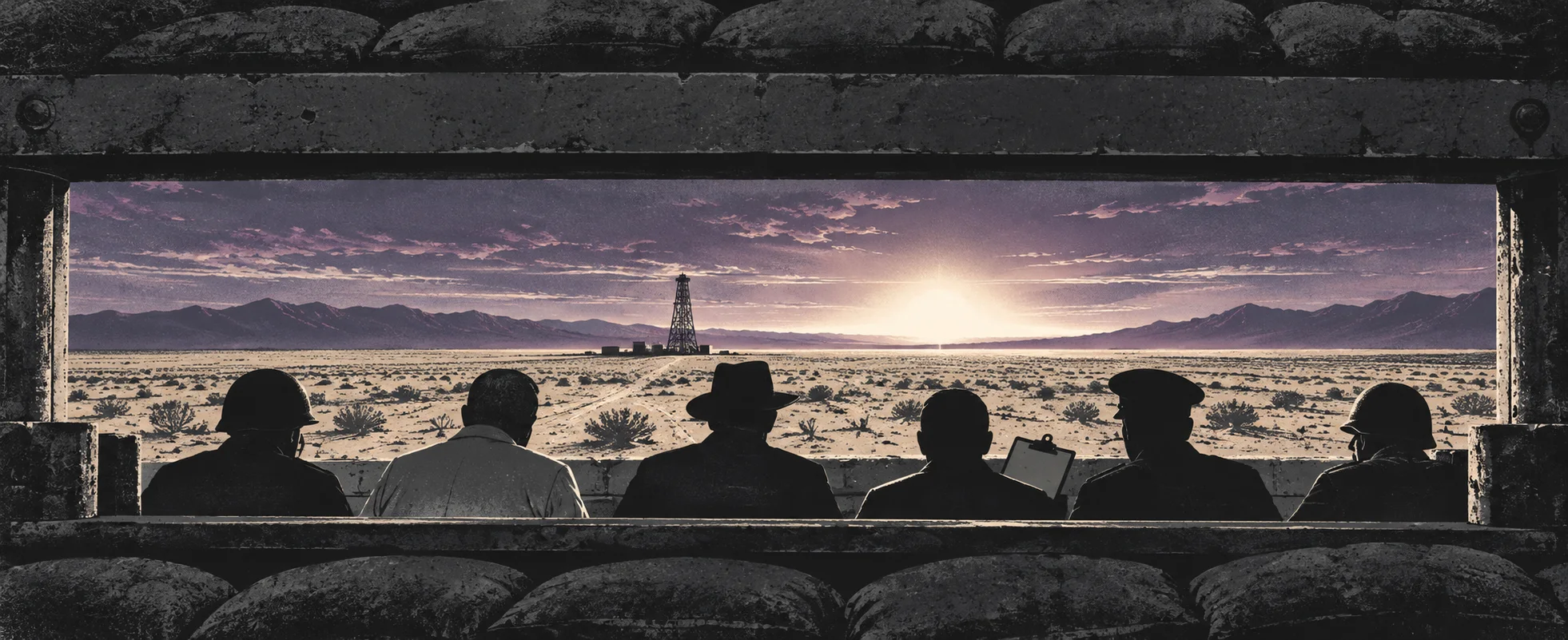 Observers in silhouette watch from a bunker window as a blinding light rises over the desert behind a distant tower.