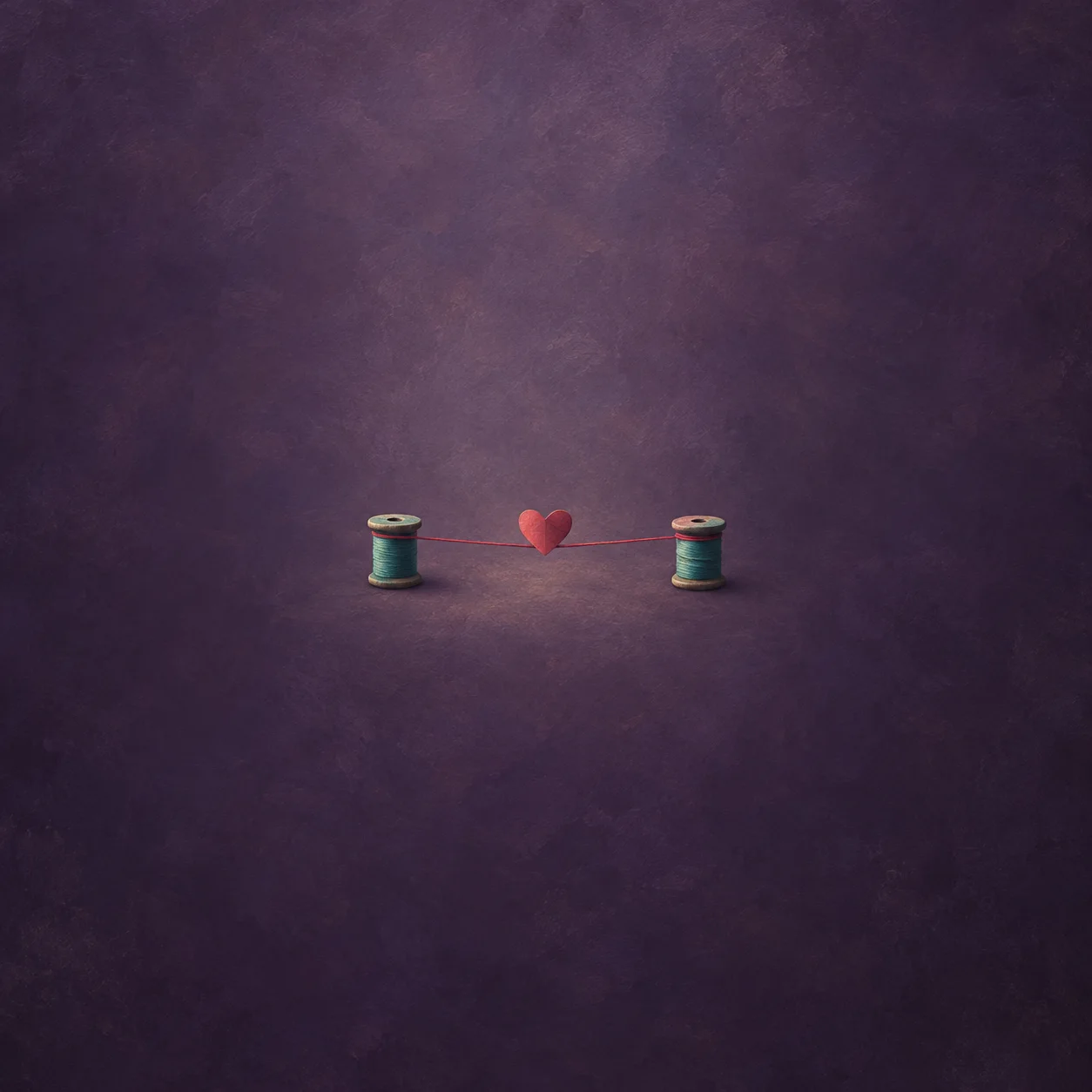A small red heart rests on red thread stretched between two teal cotton reels.