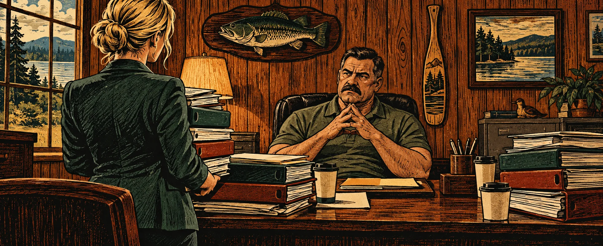 A stern moustached man steeples his fingers behind a desk in a wood-panelled office with a mounted fish and a paddle, while a blonde woman stands before him with stacks of binders.