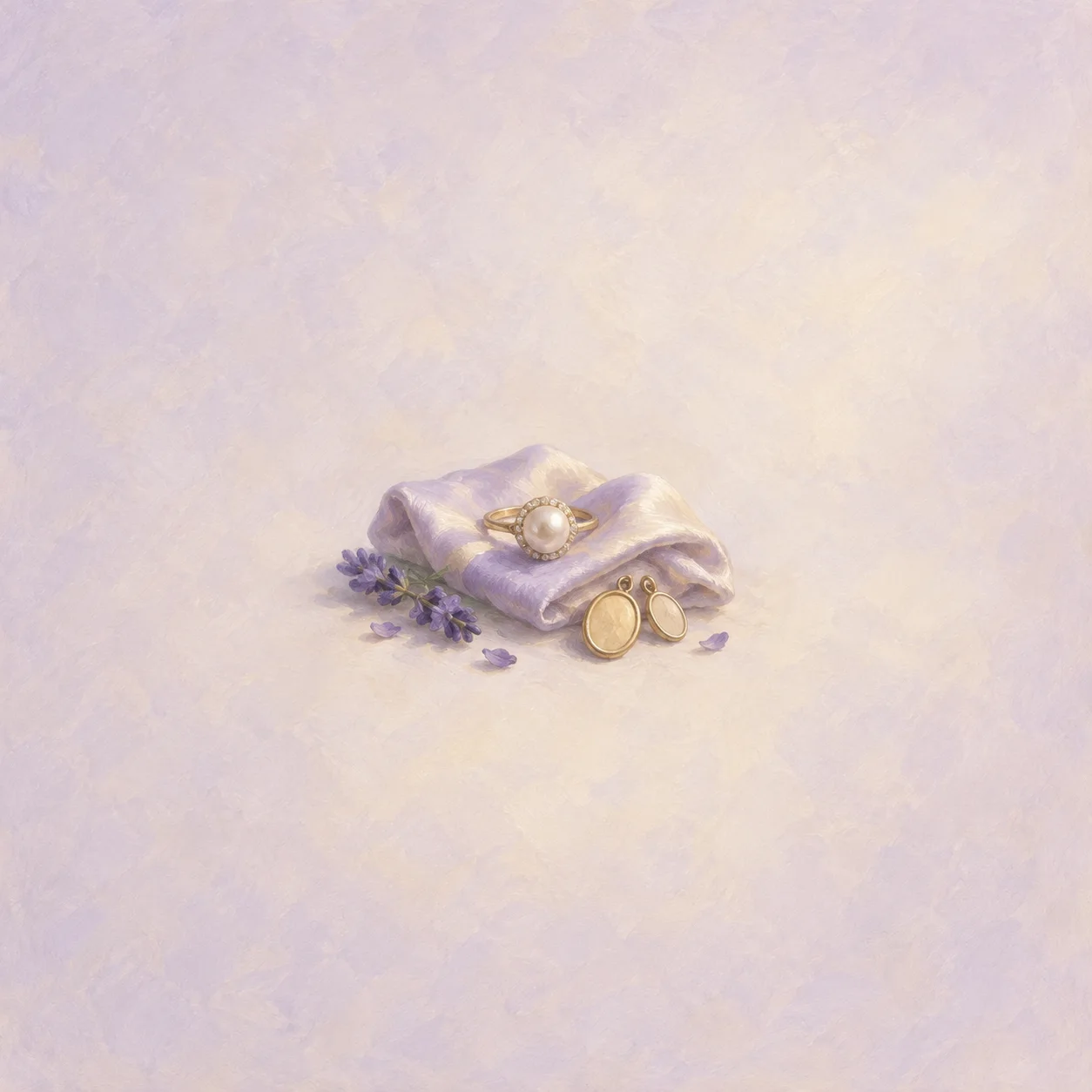 Pearl ring and plain oval charms on lavender fabric, with small lavender sprigs and petals