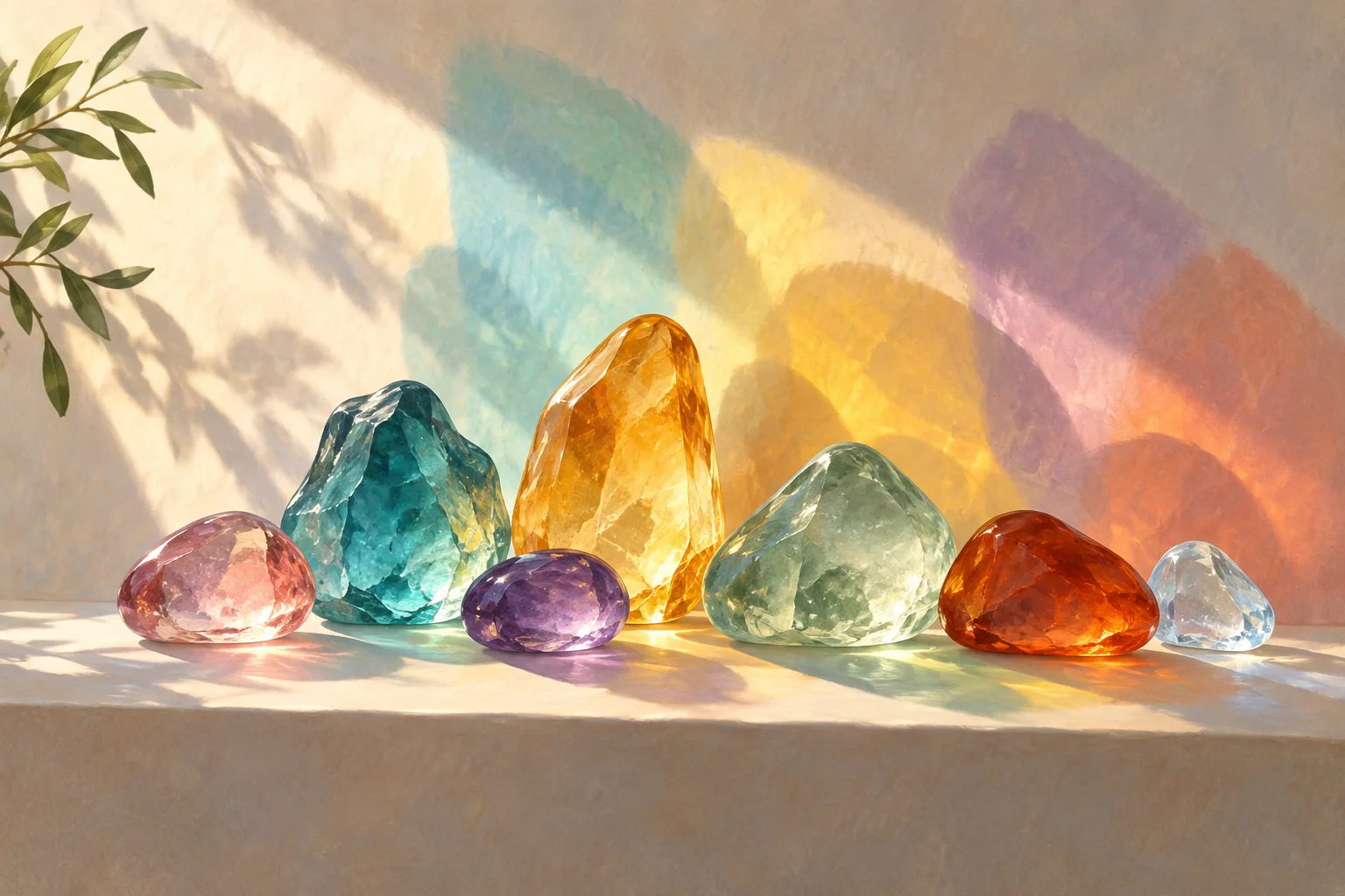 Different coloured translucent glass stones cast overlapping pools of colour on a pale shelf and wall.