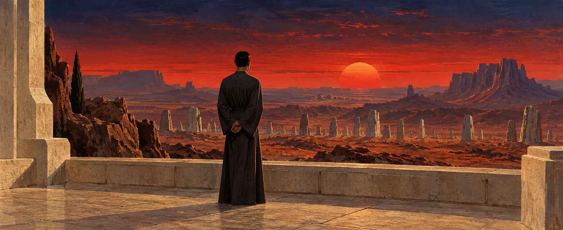A robed figure stands on a stone terrace above a red desert valley of standing stones at dusk.