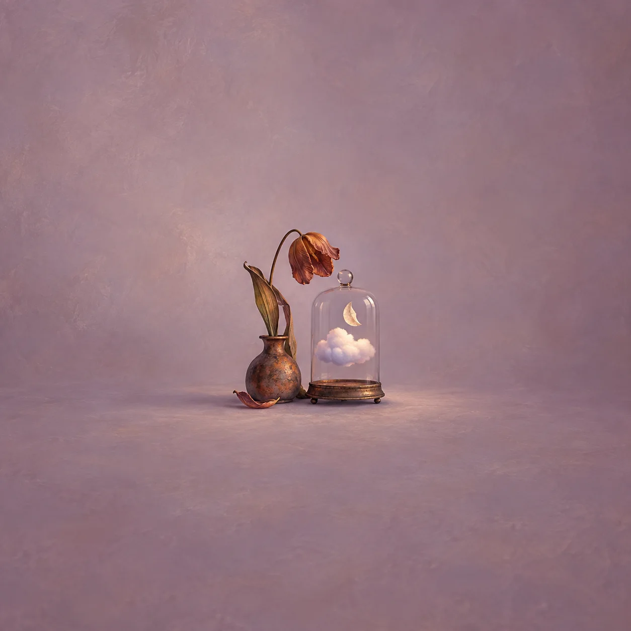 A wilted brown tulip stands beside a glass bell jar containing a wisp of cloud and a floating paper moon, on a mauve background.
