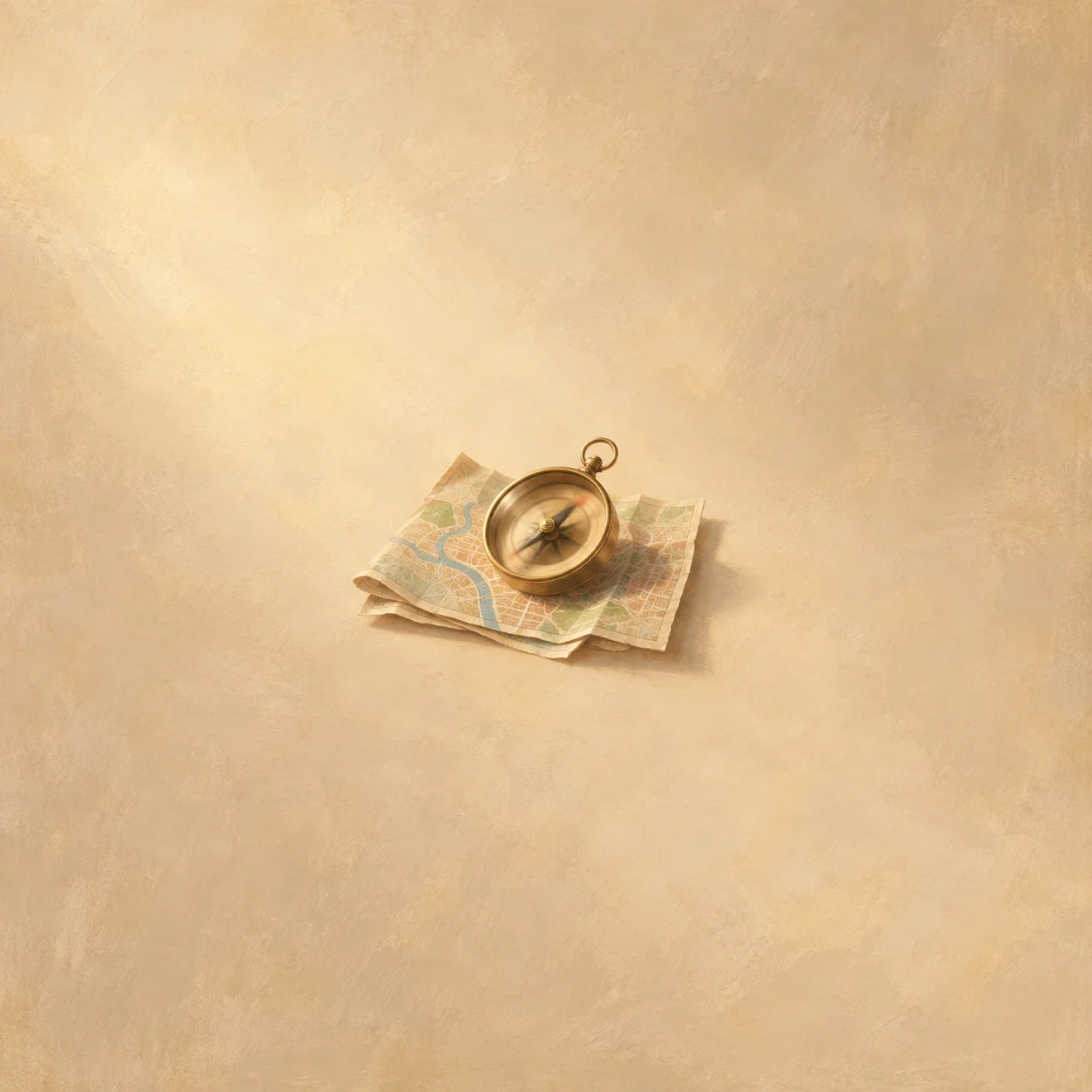 A small brass compass rests on a folded pale street map against cream.