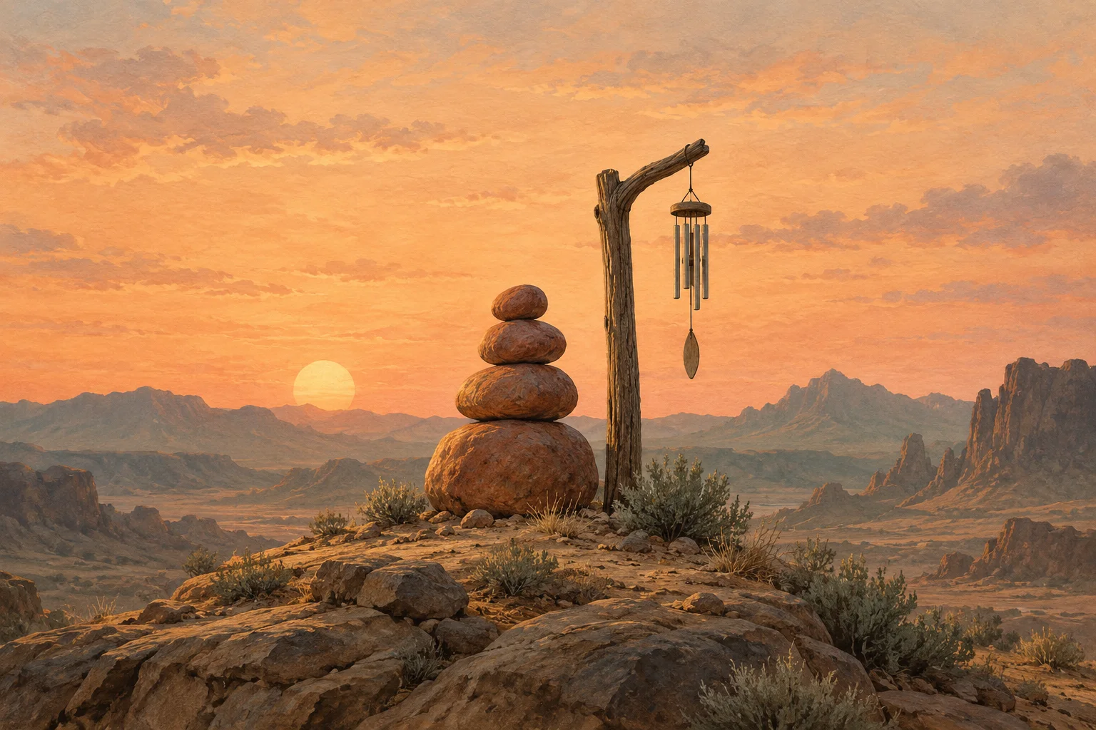 Four terracotta stones form a cairn beside a wooden post with a still silver wind chime on a desert ridge at sunset.