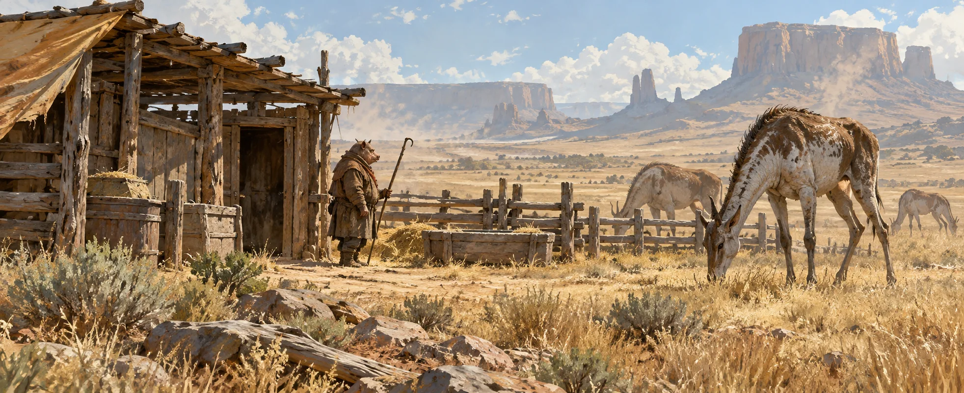 A short, stout farmer with a staff stands outside a ramshackle desert homestead as long-legged beasts graze nearby.