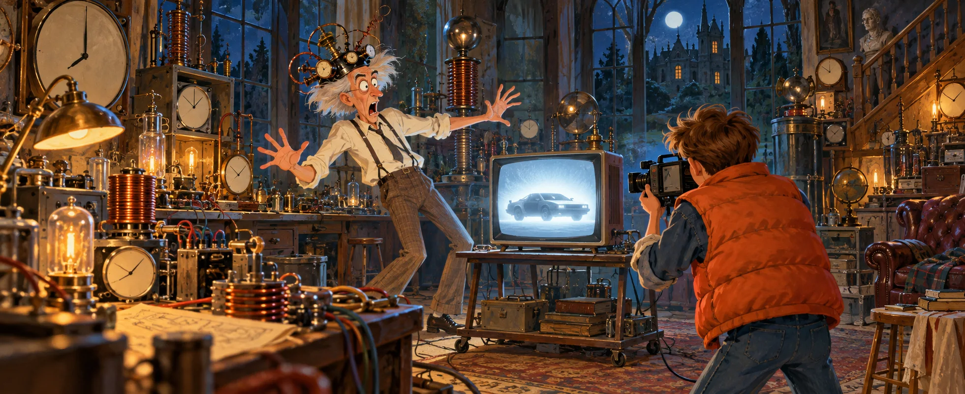 A cluttered 1950s mansion workshop full of clocks and coils: a wild-haired scientist in a wired headpiece leaps back in panic from a small television showing a silver car, as a teenager in an orange body-warmer holds a camcorder.