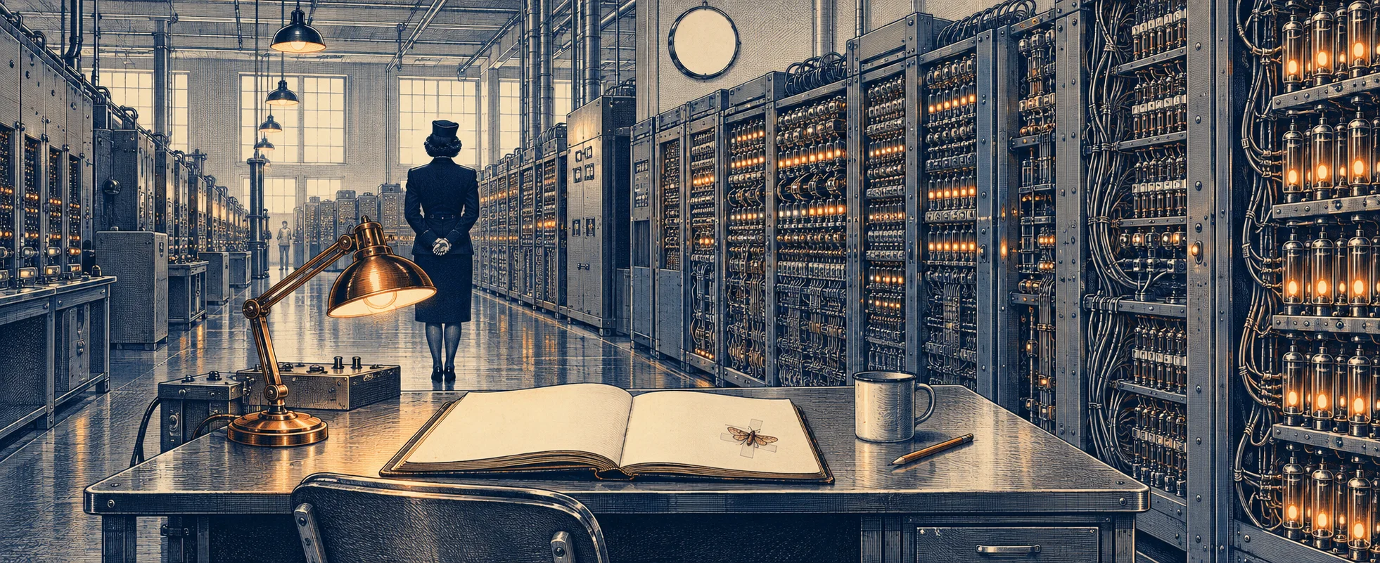 A small figure in a naval uniform walks down a long hall of early relay computers glowing with lamps, a logbook open on a desk in front.