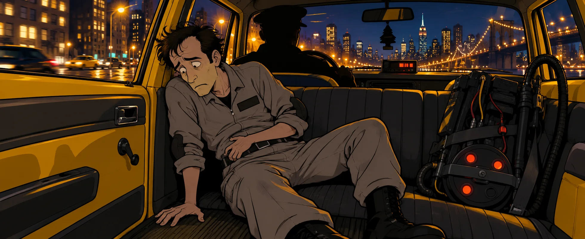A tired man in a grey jumpsuit slumps in the back of a yellow taxi at night, a proton pack on the seat.