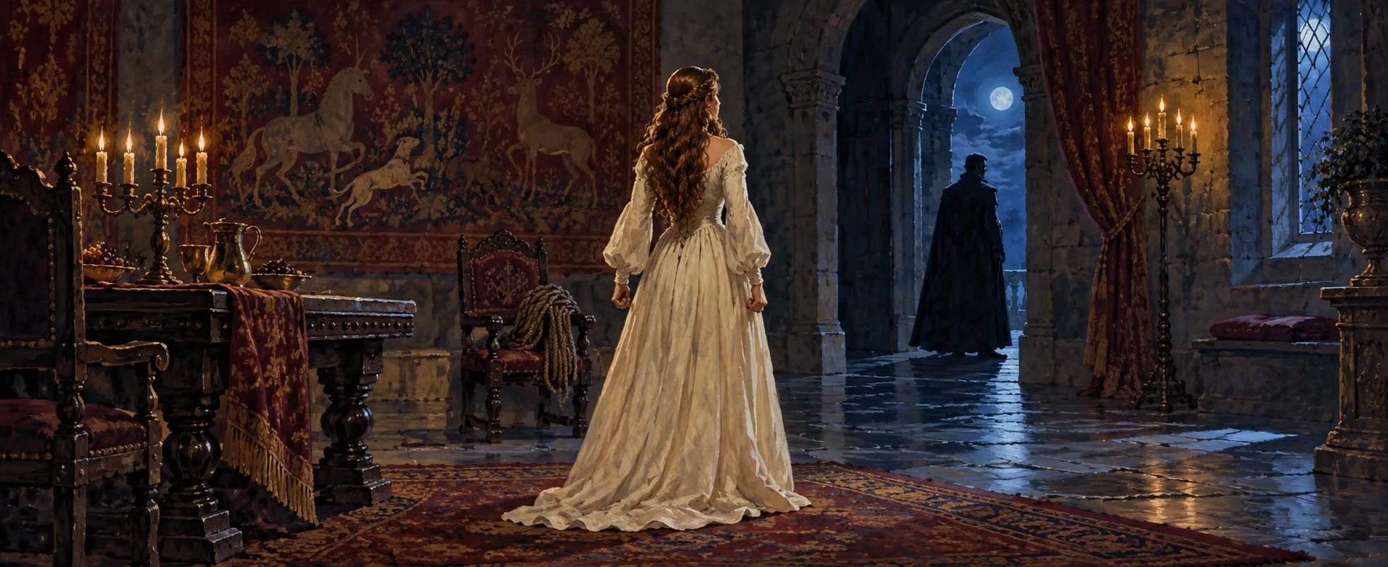A woman in a white gown faces a dark doorway in a candlelit castle hall where a cloaked figure waits.