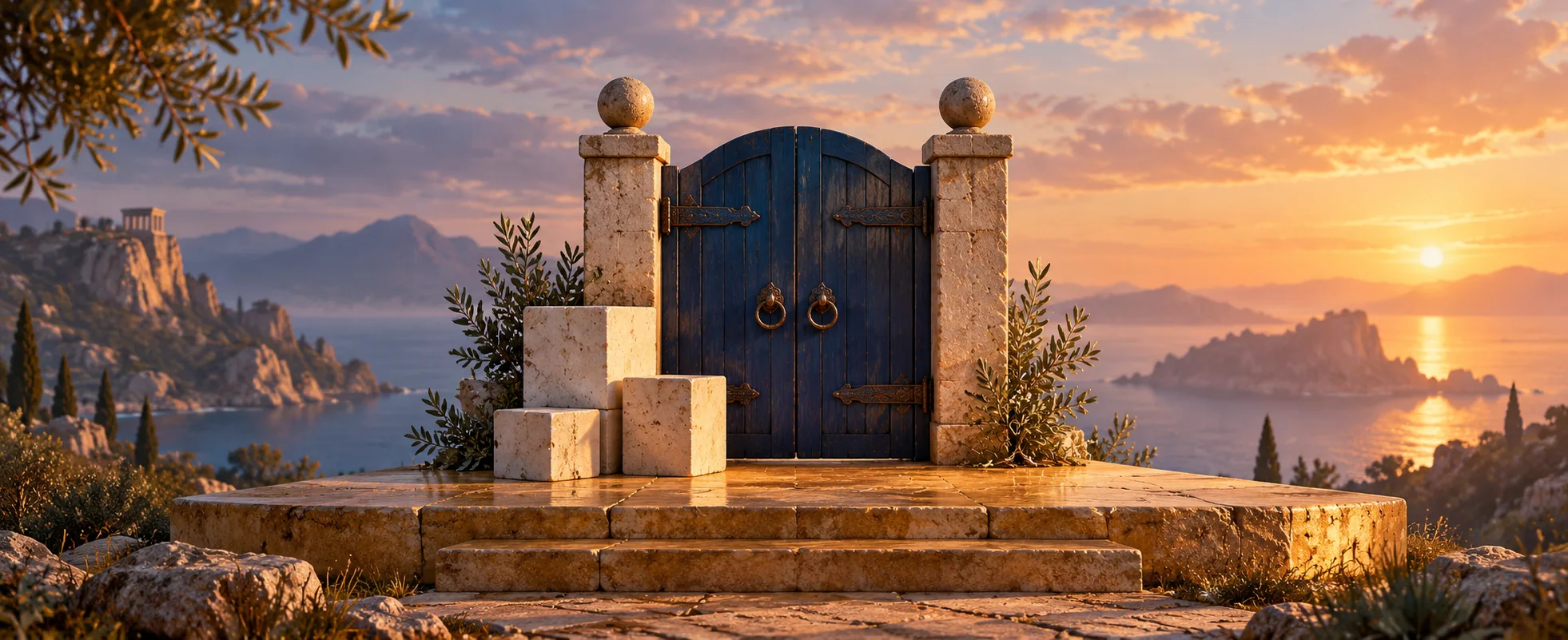 Several small cream stone blocks stand beside a closed dark blue wooden gate on a golden platform.
