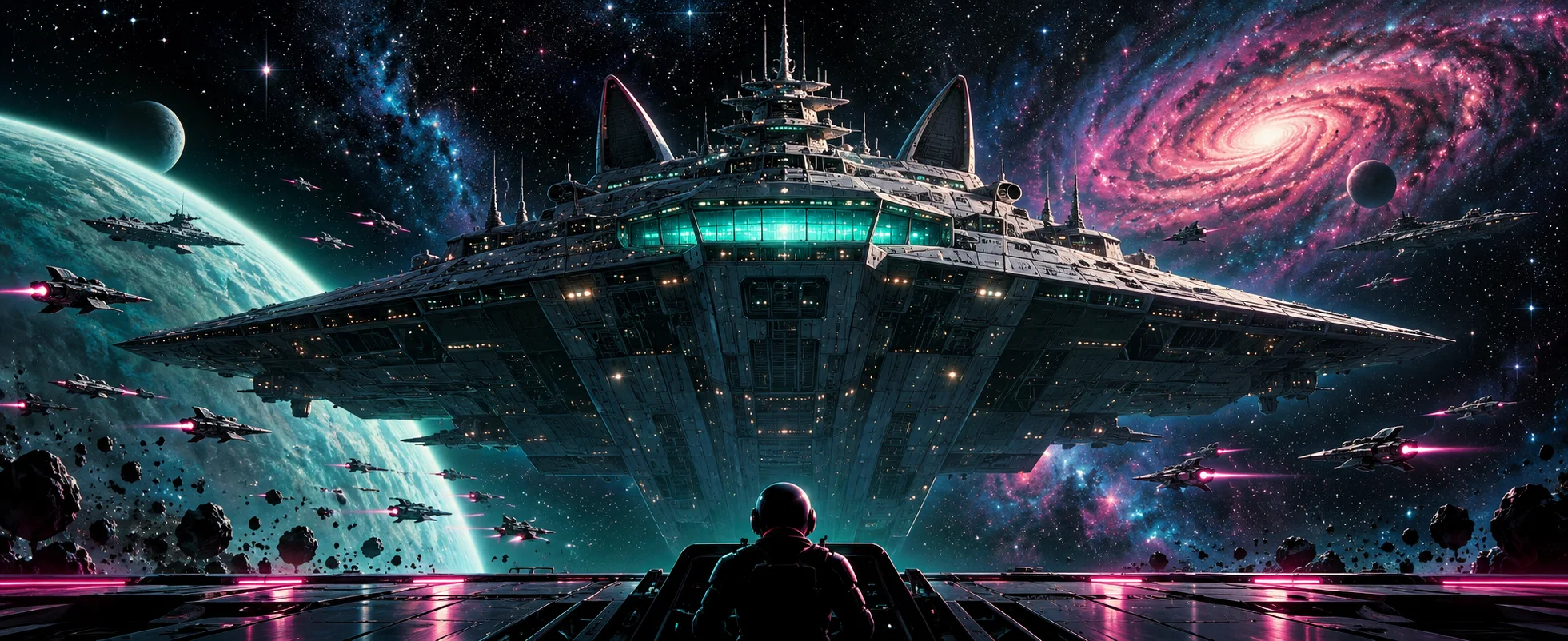 A huge alien battleship looms over a planet in a starfield as small fighters swarm around it, seen from a ship's bridge.