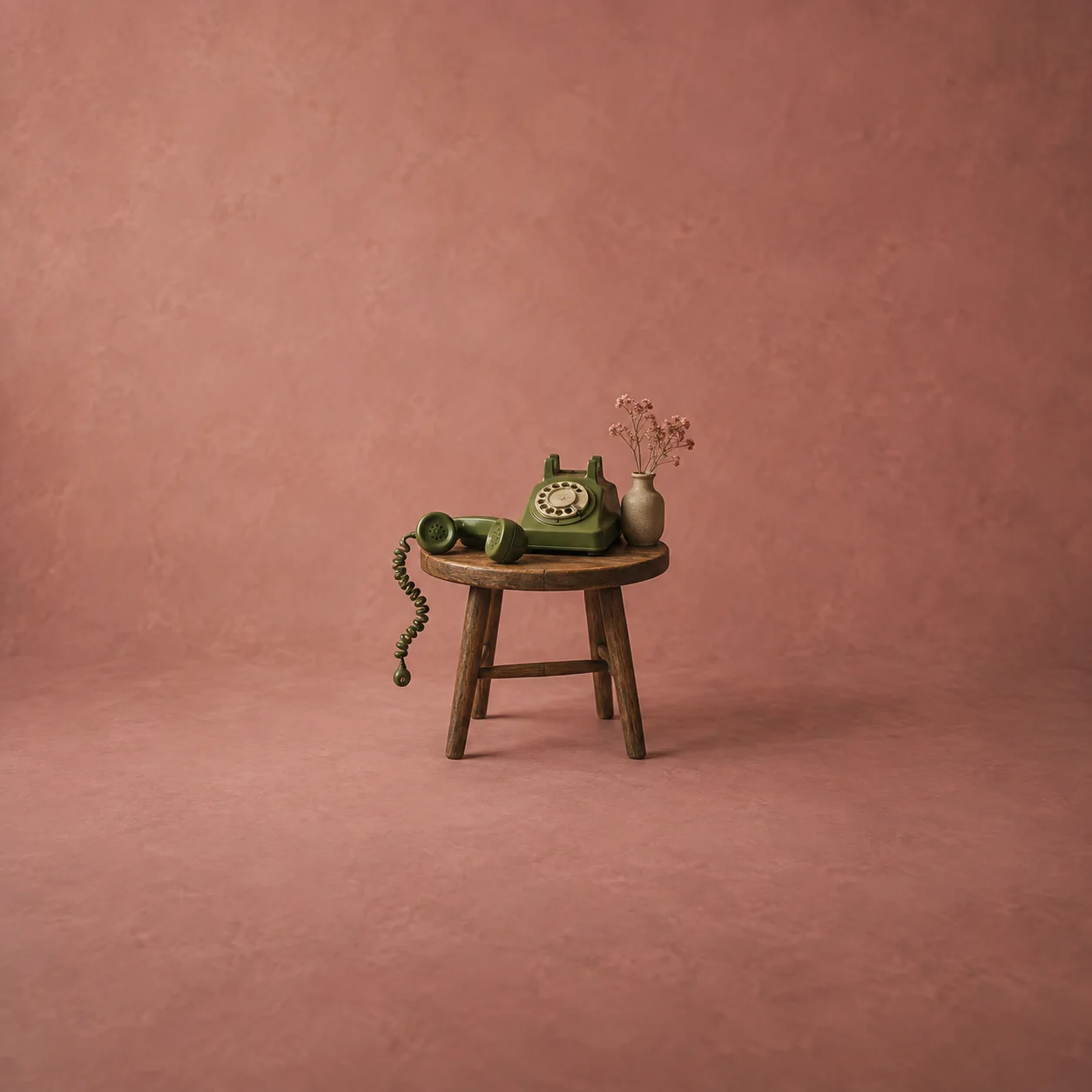 An olive-green rotary telephone and a small vase sit on a wooden stool, with the handset off its cradle and a curled cord hanging down.