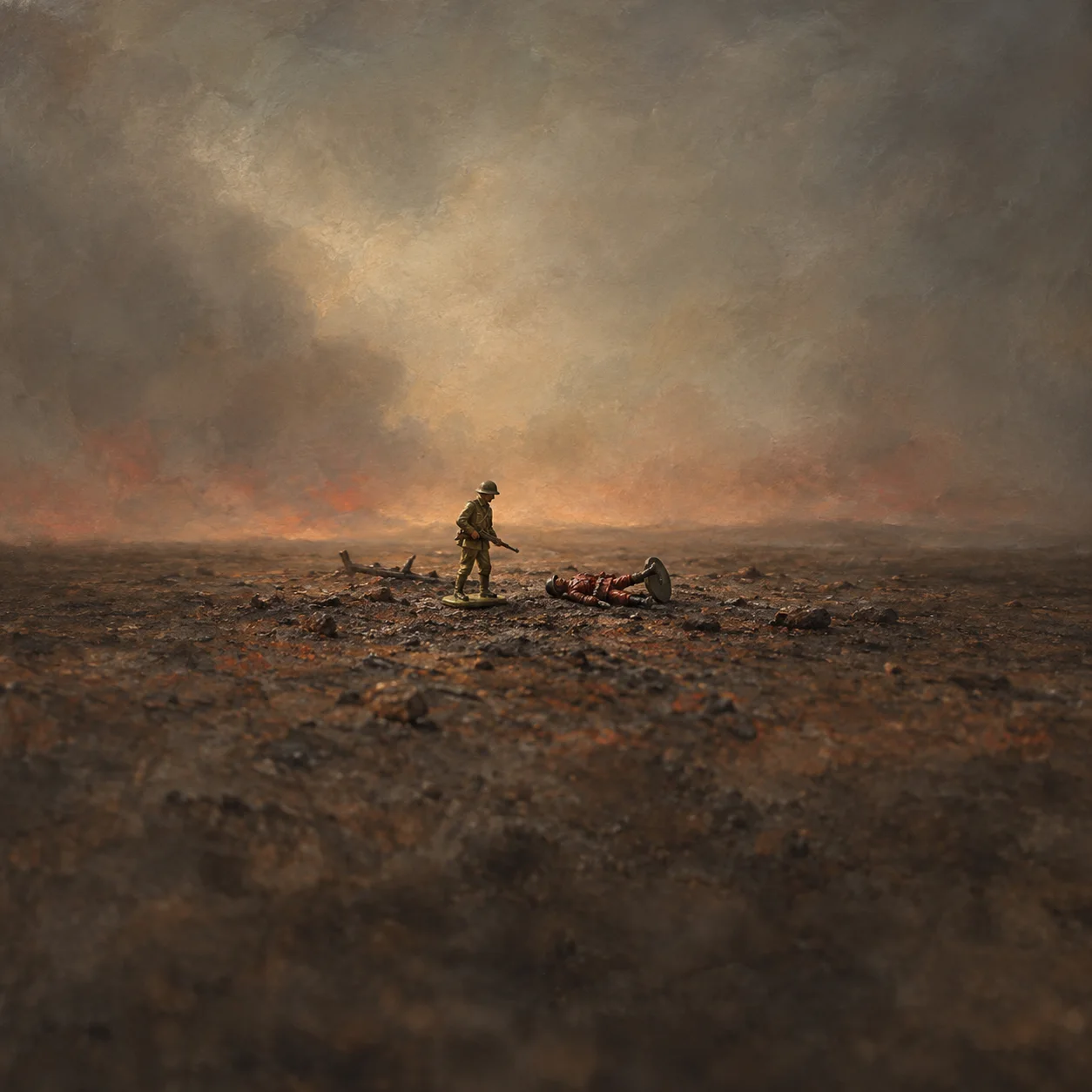 Painterly two toy soldiers on scorched ground, one standing and one fallen, beneath a smoky sky.