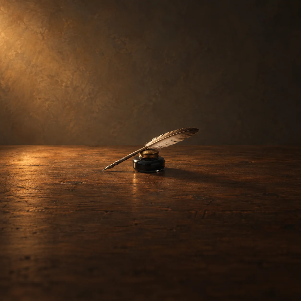 A feather quill rests diagonally across a black inkwell on a warmly lit wooden desk.