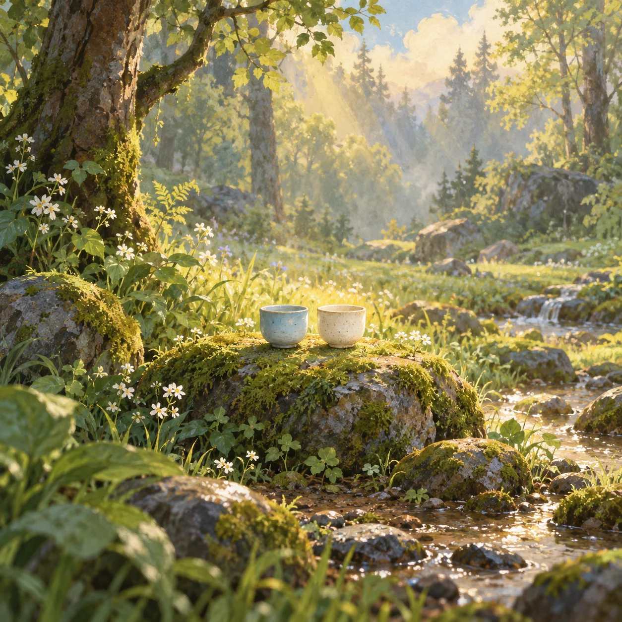 A pale blue cup and an ivory cup sit together on a mossy stone in a sunlit forest clearing beside a stream.
