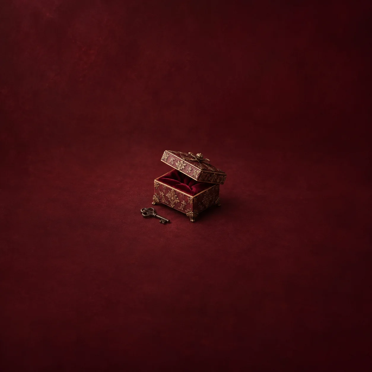An ornate burgundy gift box stands partly open, showing velvet lining, with a small key beside it.