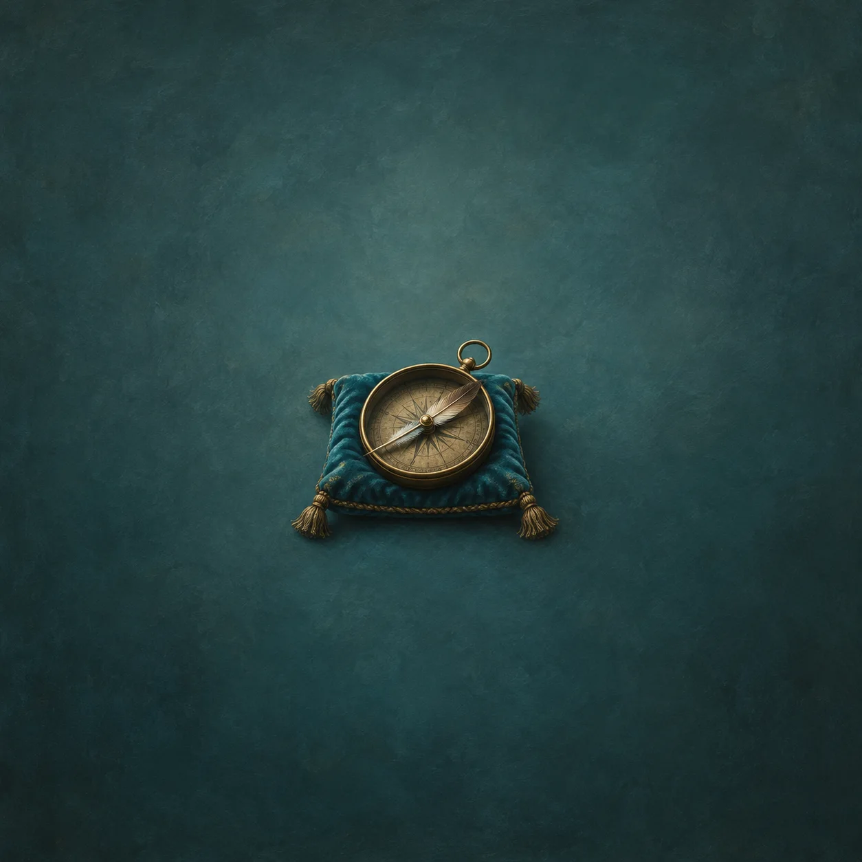 A brass compass with a pale feather across its face on a teal velvet cushion with gold tassels.