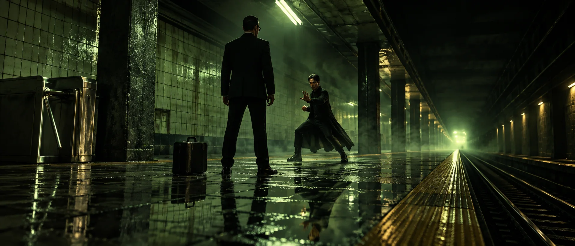 A man in a dark suit and sunglasses faces a younger man in a long black coat across a deserted, green-lit subway platform.