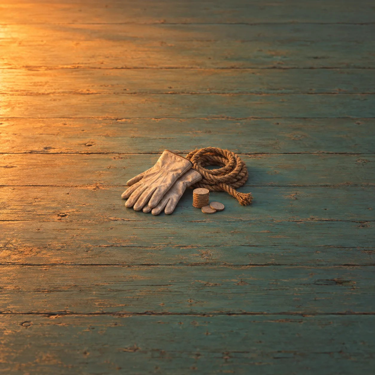 Pale gloves beside a coiled rope and a small stack of coins on teal planks.