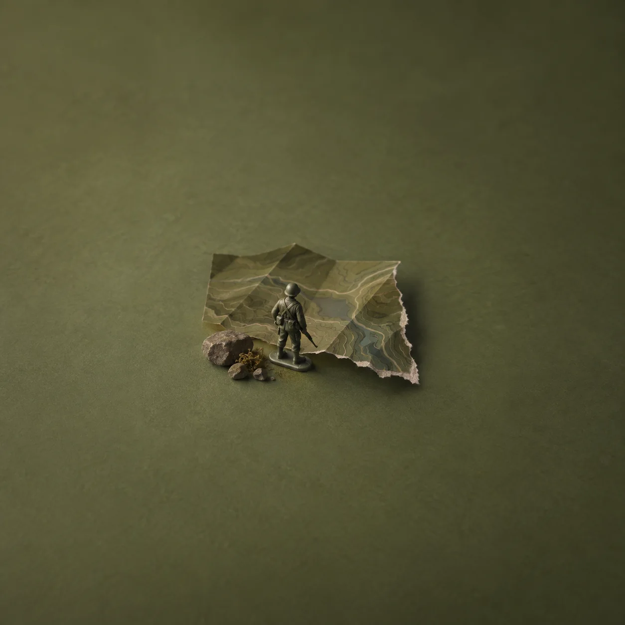 Painterly toy soldier standing beside torn folded paper with terrain contours against olive.