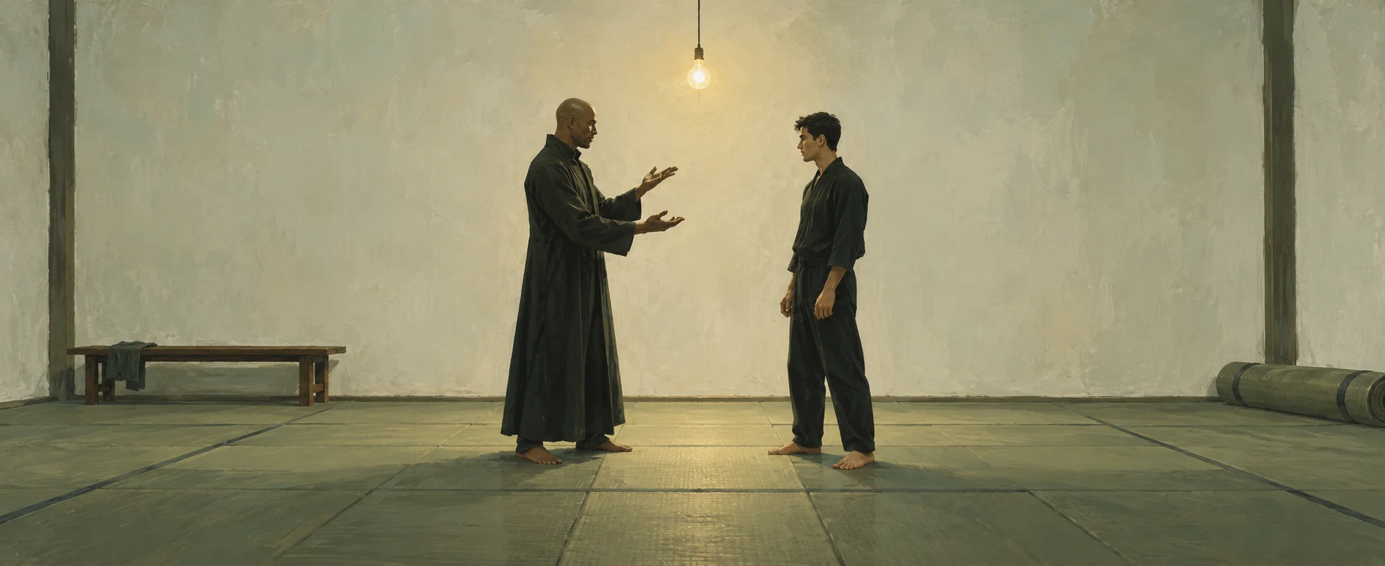 A robed mentor and a young man in black face each other in an empty white training room.