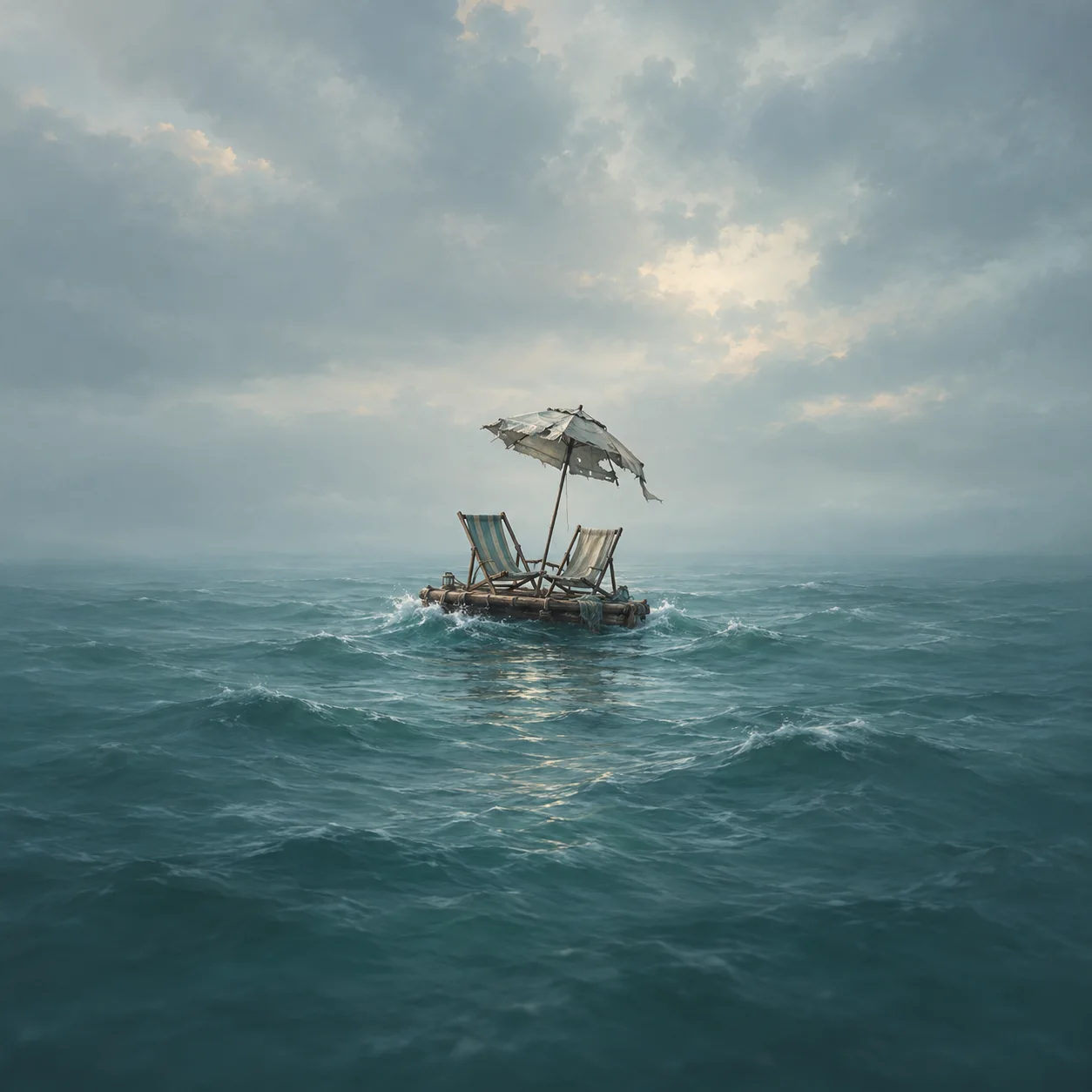 Two empty deck chairs and a torn parasol stand on a small wooden raft amid choppy teal water.
