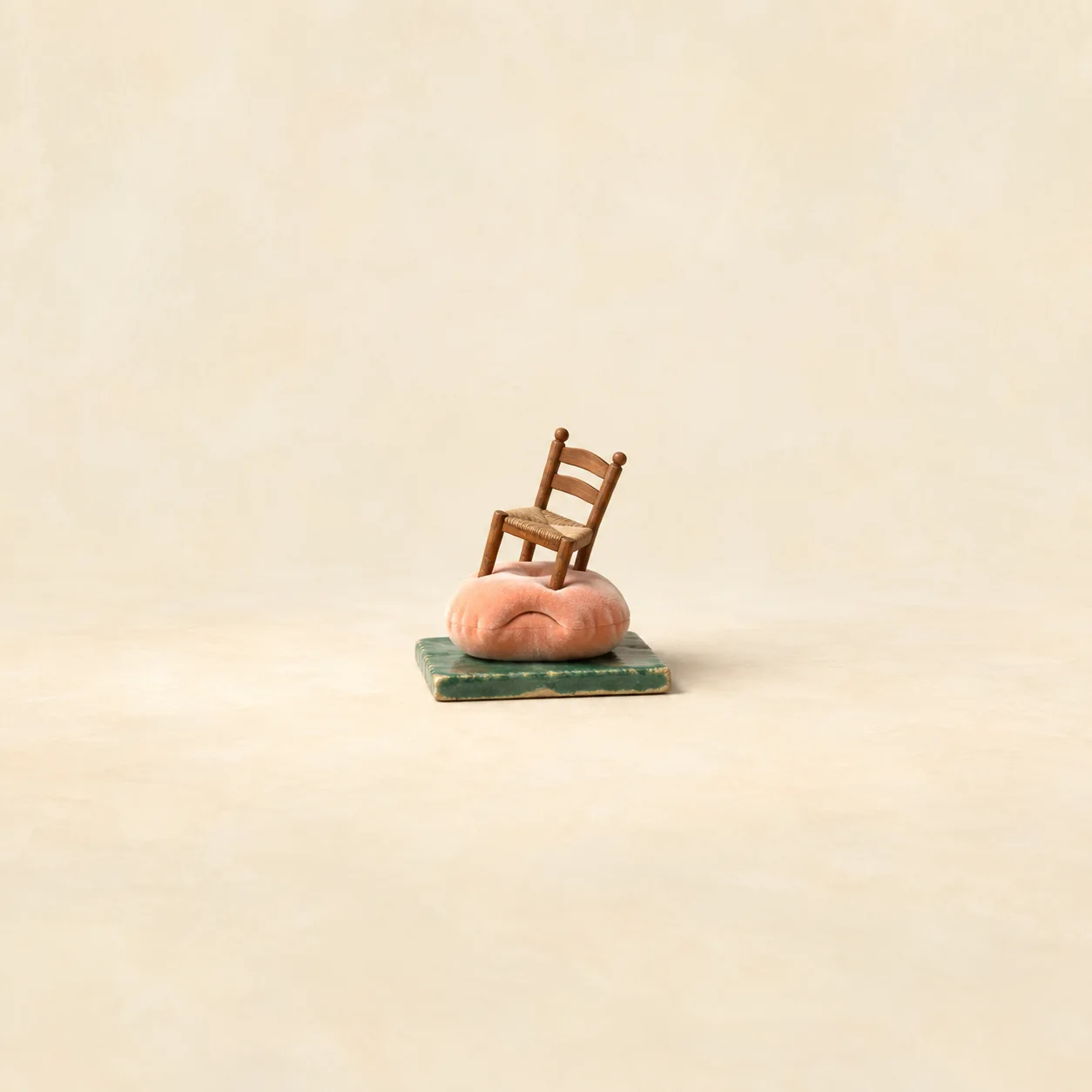 A tiny tilted wooden chair on a peach cushion resting on a green tile.