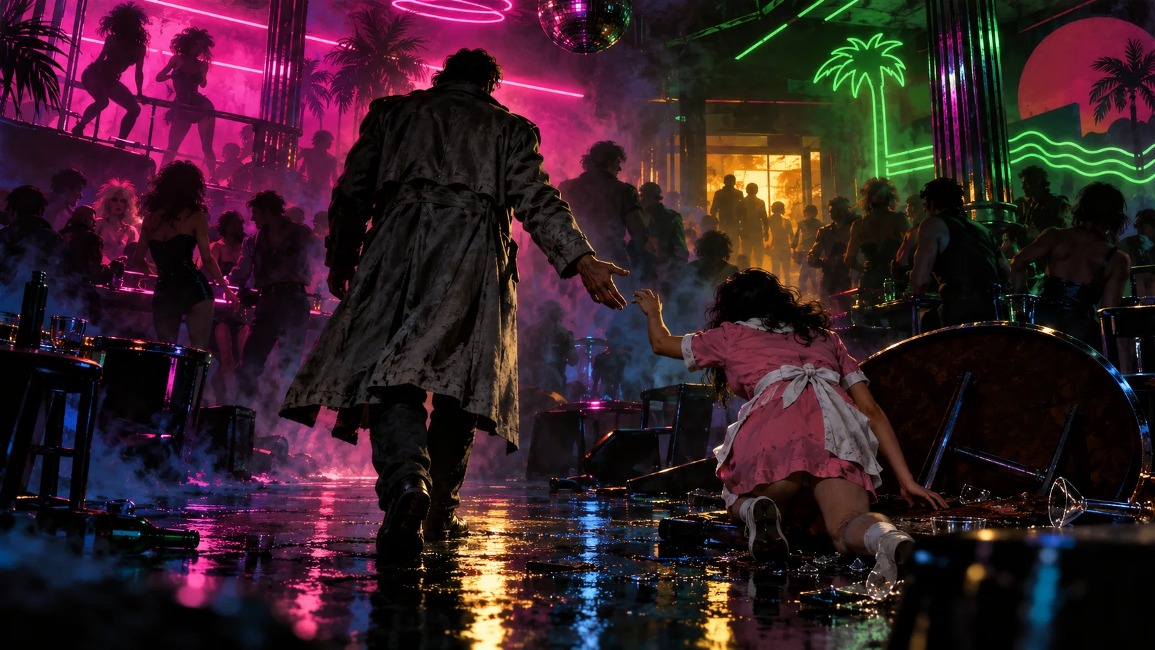Amid neon and overturned tables in a 1980s nightclub, a man in a long coat reaches down to a frightened waitress in a pink uniform.