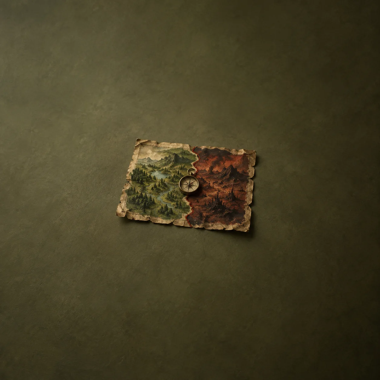 Painterly worn map divided into green and rust-red terrain with a small compass at the centre.